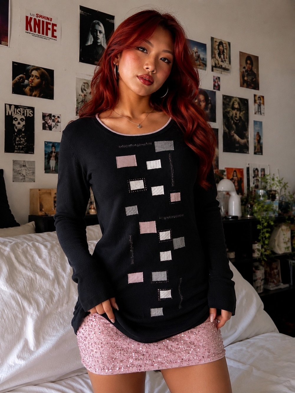 Women's Black Crewneck Sweater with Pink & Gray Geometric Patch Details